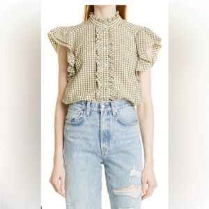 Veronica Beard Jeans Olive Gingham Ruffle Sleeve Top - XL